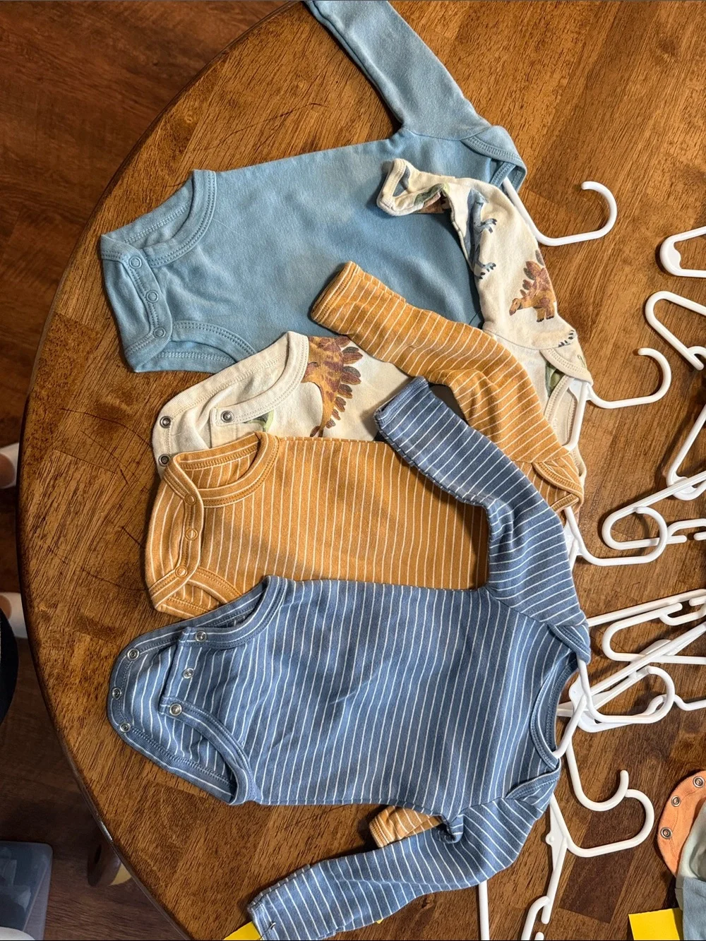 Striped and Solid Long-Sleeve Baby Onesies - Blue, Mustard, Cream, & Dino